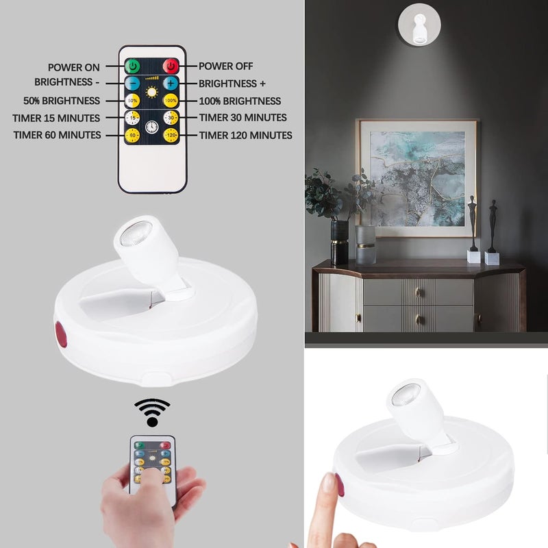 BERGUSTCH Battery Operated LED Spotlight, Picture Spot Lights, Indoor Uplighting, Puck Lights with Remote, Plants Tree Spotlight, Accent Light for Paintings Dartboard Portrait Frame-White - Image 3